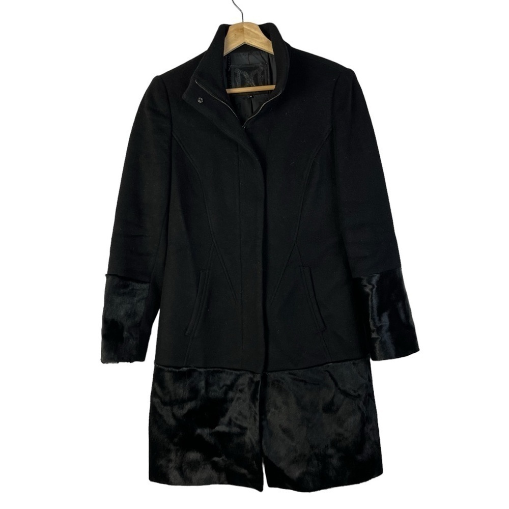 Dawn Levy Trinity Black Wool Button Front Fur Hem Pea Coat M‎